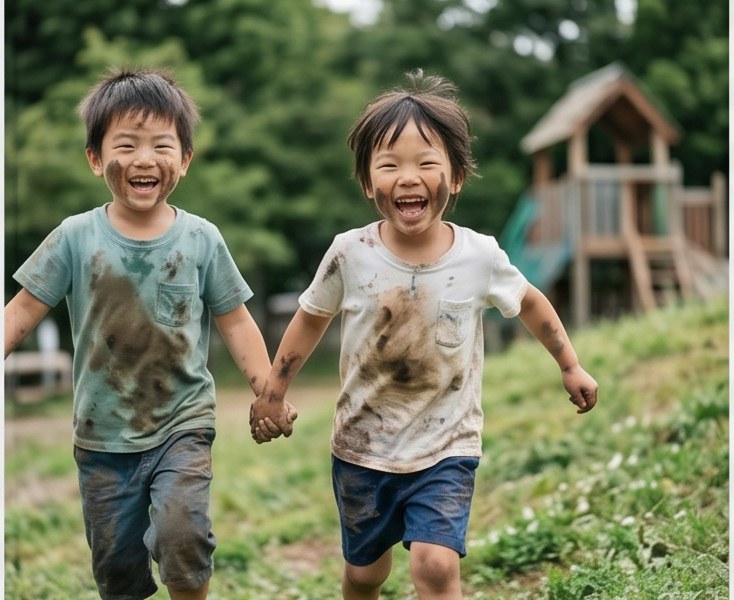 二人の子が園庭を走っていく